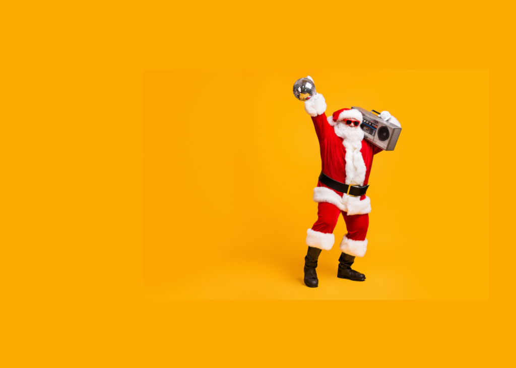 Santa with a disco ball and a boom box